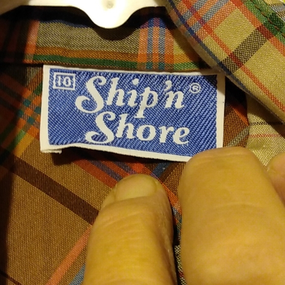 Hip 70s Vintage Sz L XL SHIP n SHORE Plaid Nehru Collar COTTON BLOUSE TOP - Picture 7 of 10